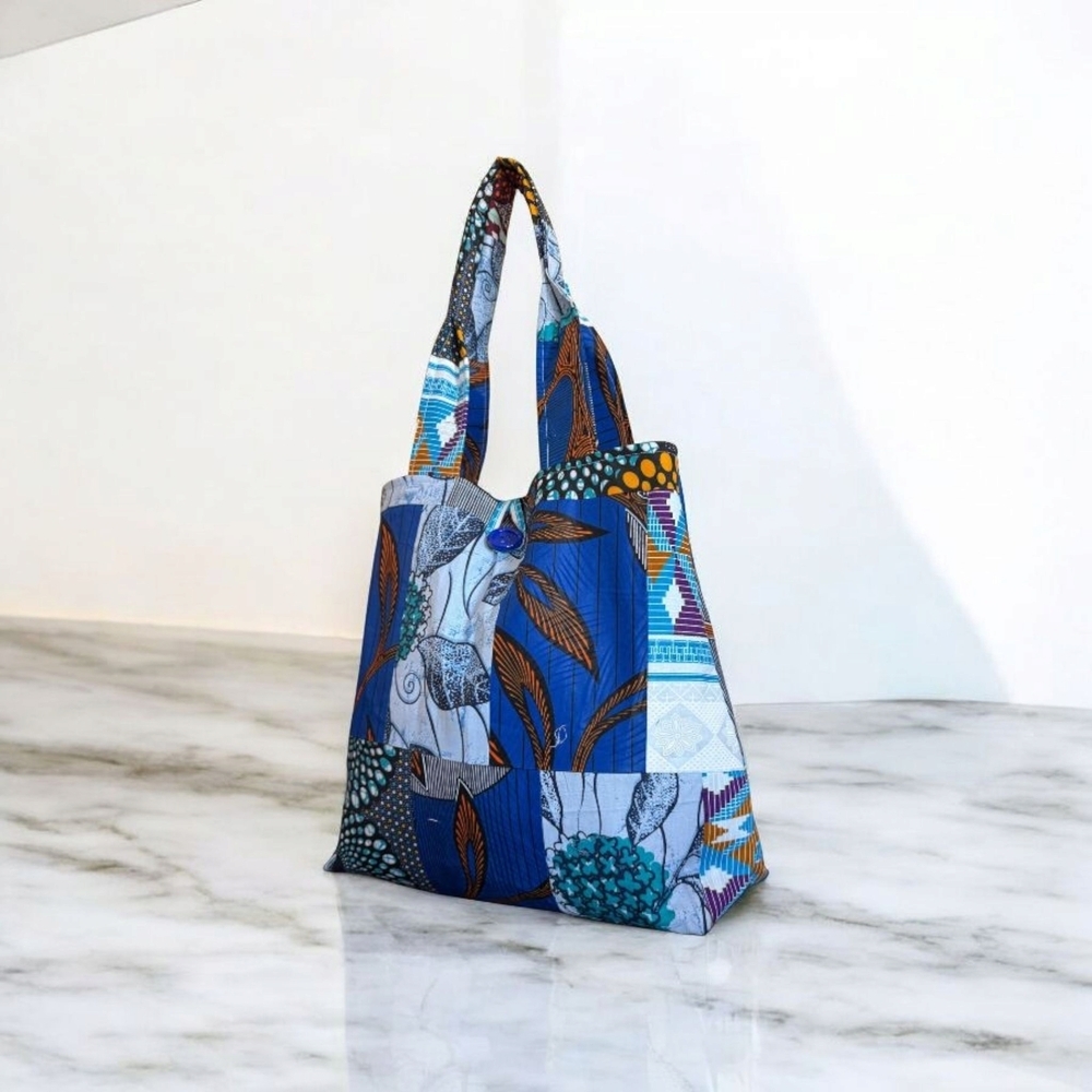 Blue and Brown Artistic Tote Bag with Glossy Finish